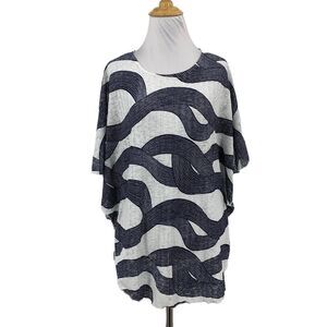 Rising International Poncho Womens S Small Blue White Open Knit Printed Pullover